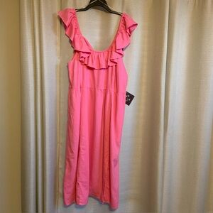 Ava & Viv Women’s 2X Pink Ruffle Smocked Linen Blend Midi Dress Off Shoulder